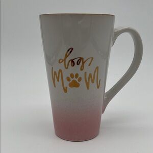 “Dog Mom” Pink and White Tall Coffee Mug with Gold Lettering and Paw Print